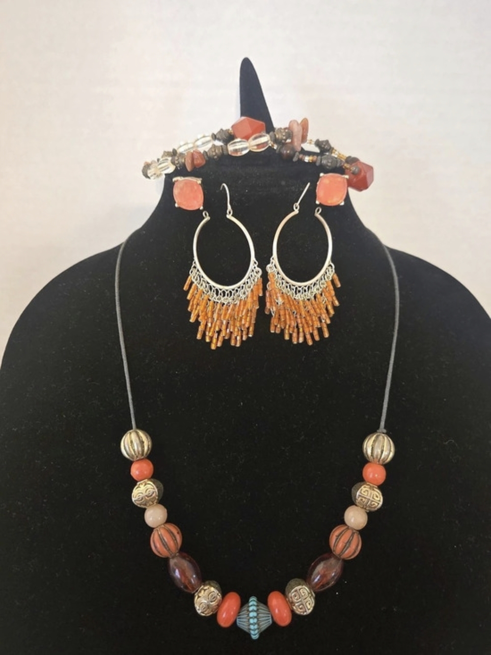 Beaded Statement Jewelry Set in Orange & Multi Color Like New